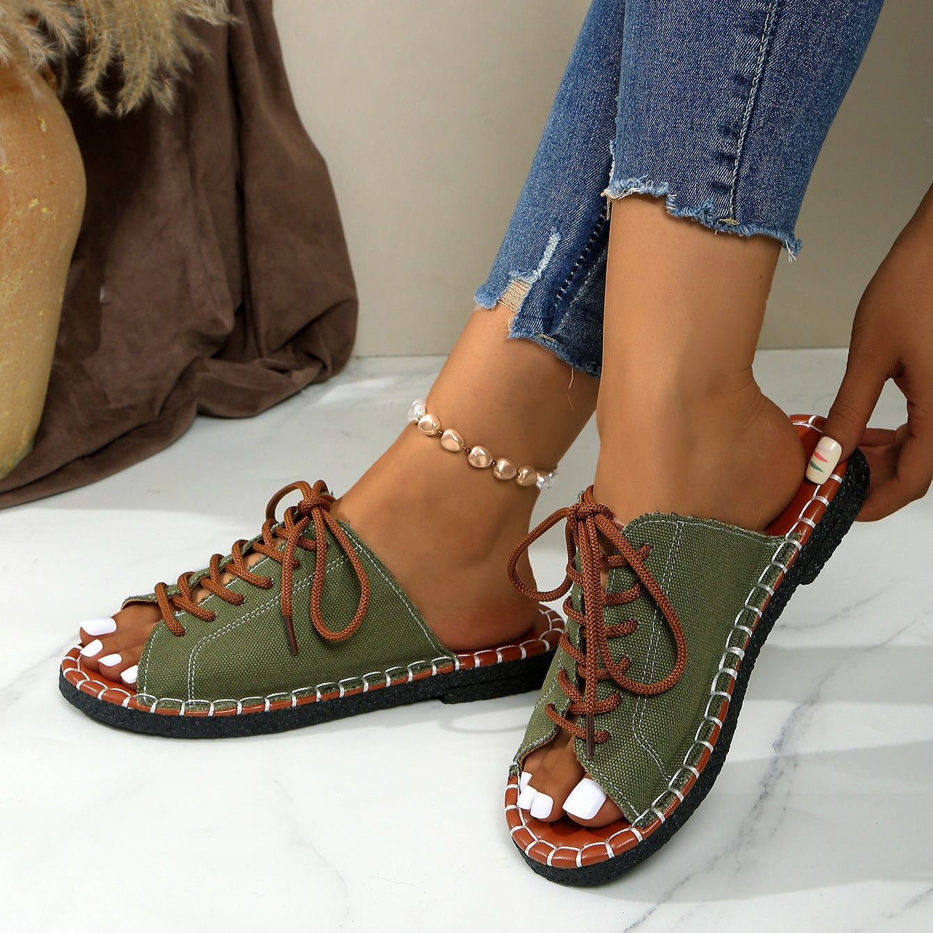 Women's Lace-Up Peep Toe Slide Sandals Casual Comfort Flat Sandals