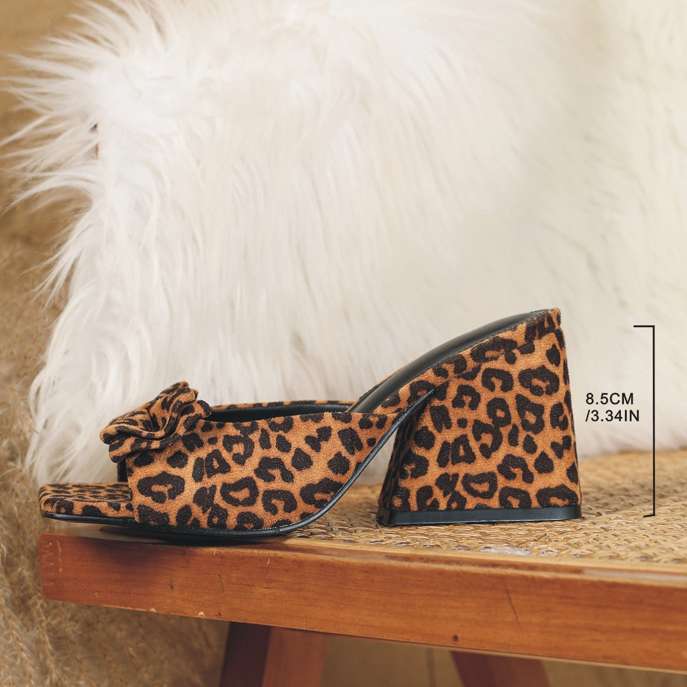 Leopard Print Bow Block Heel Mules - Square Toe Chunky Heeled Sandals
