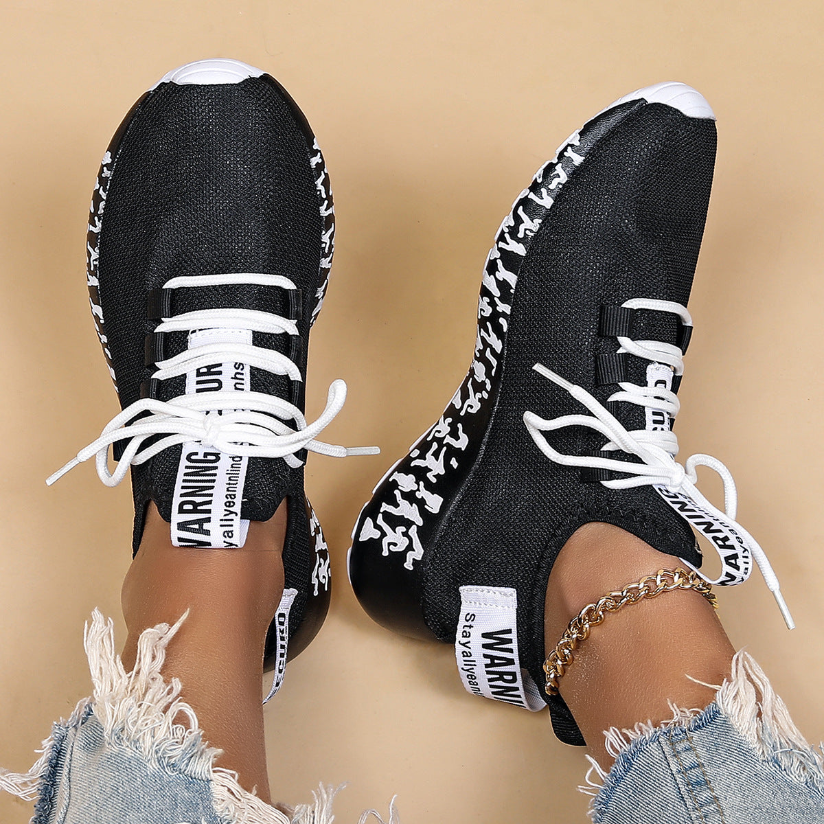 Couple Matching Breathable Mesh Sneakers - Warning Camo Pattern Sport Casual Shoes