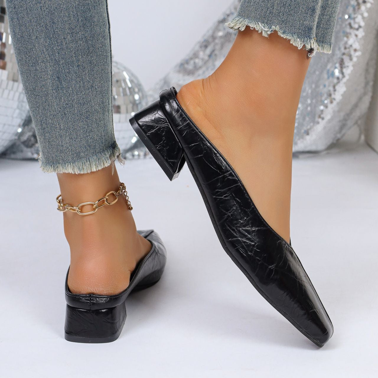 Chic Crocodile Texture Square Toe Block Heel Mules - 3.5cm Low Heel Slip-On Shoes