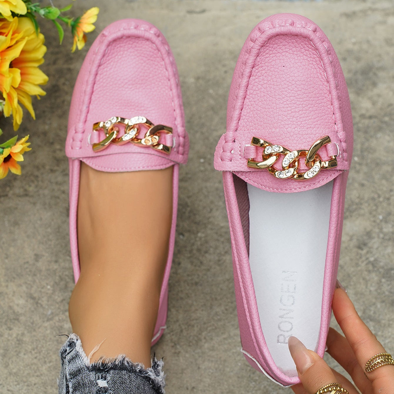 Women's Classic Chain Loafers with Gold Buckle Ornament – Comfortable Casual Slip-On Flats