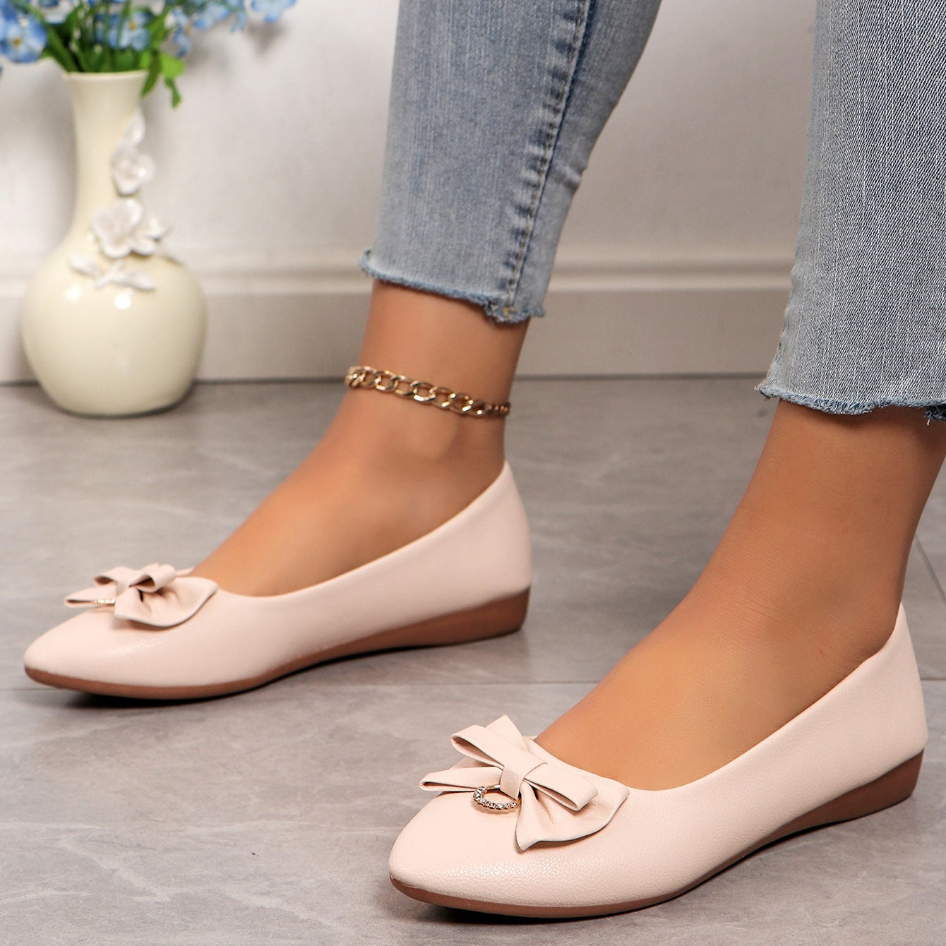 Women Pointed Toe Bow Flats with Rhinestone Comfort Low Wedge Shoes