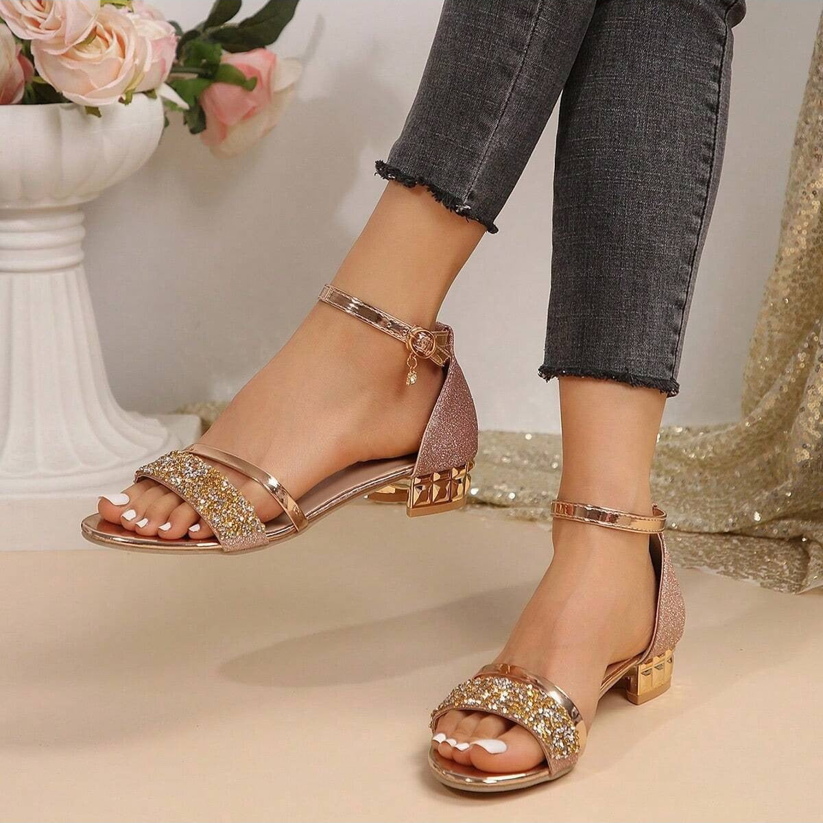 Sparkly Glitter Ankle Strap Sandals – Low Block Heel