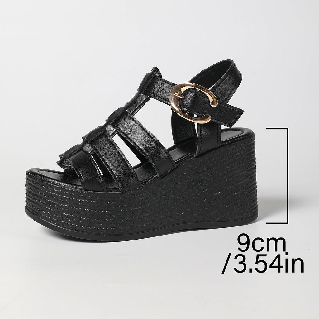 Women's Strappy Platform Wedge Sandals with Buckle – Chunky Peep Toe Summer Shoes
