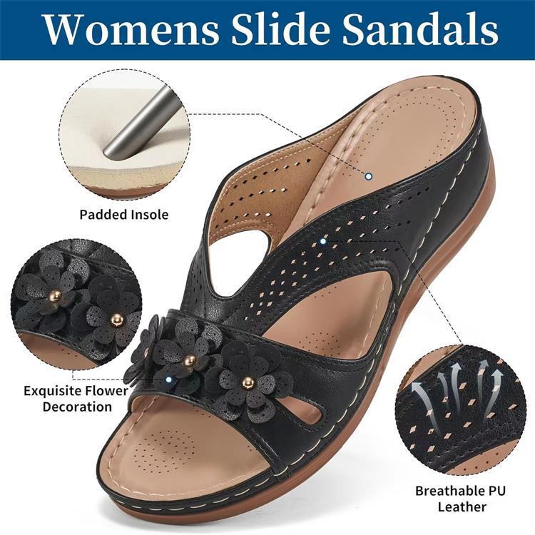 Women’s Platform Slide Sandals with Flower Embellishment – Perforated Breathable Comfort Wedges