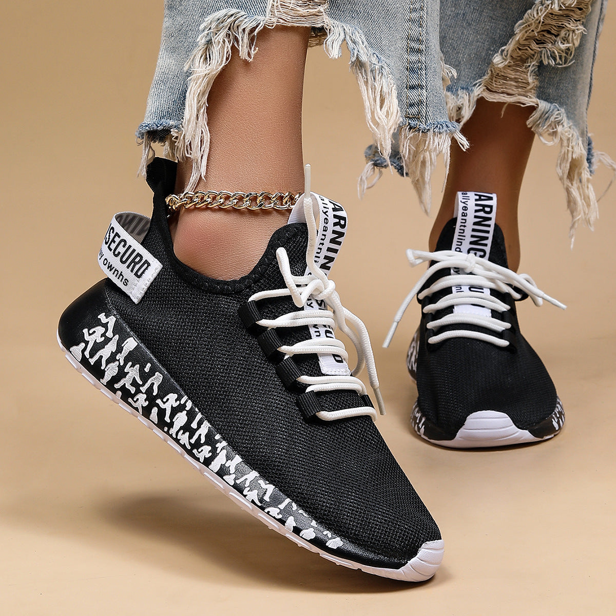 Couple Matching Breathable Mesh Sneakers - Warning Camo Pattern Sport Casual Shoes