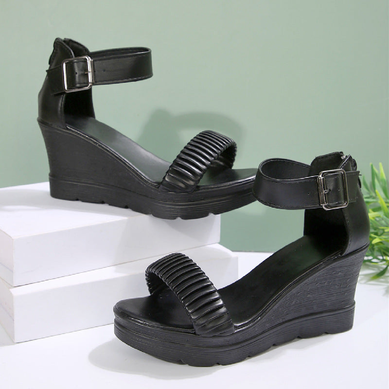 Women's Black Platform Wedge Sandals with Ankle Buckle Strap – Comfortable Chunky Summer Shoes