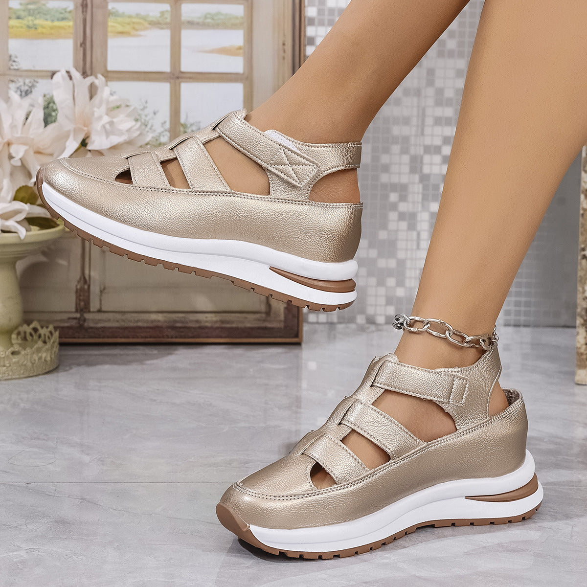 Women Platform Velcro Sandals Chunky Sole Cutout Comfort Casual Shoes
