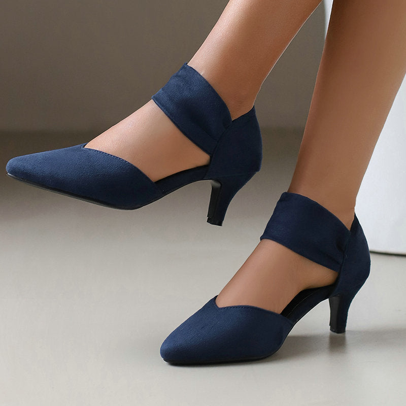 Women Pointed Toe Kitten Heel Ankle Strap Pumps - Suede Low Heel Dress Shoes