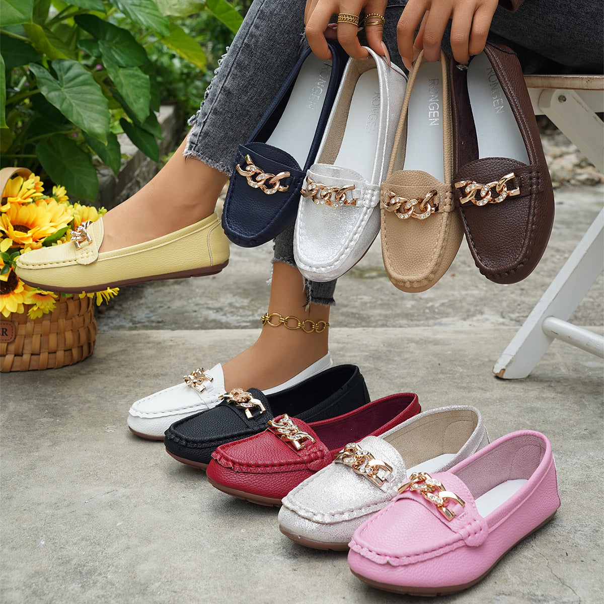 Women's Classic Chain Loafers with Gold Buckle Ornament – Comfortable Casual Slip-On Flats