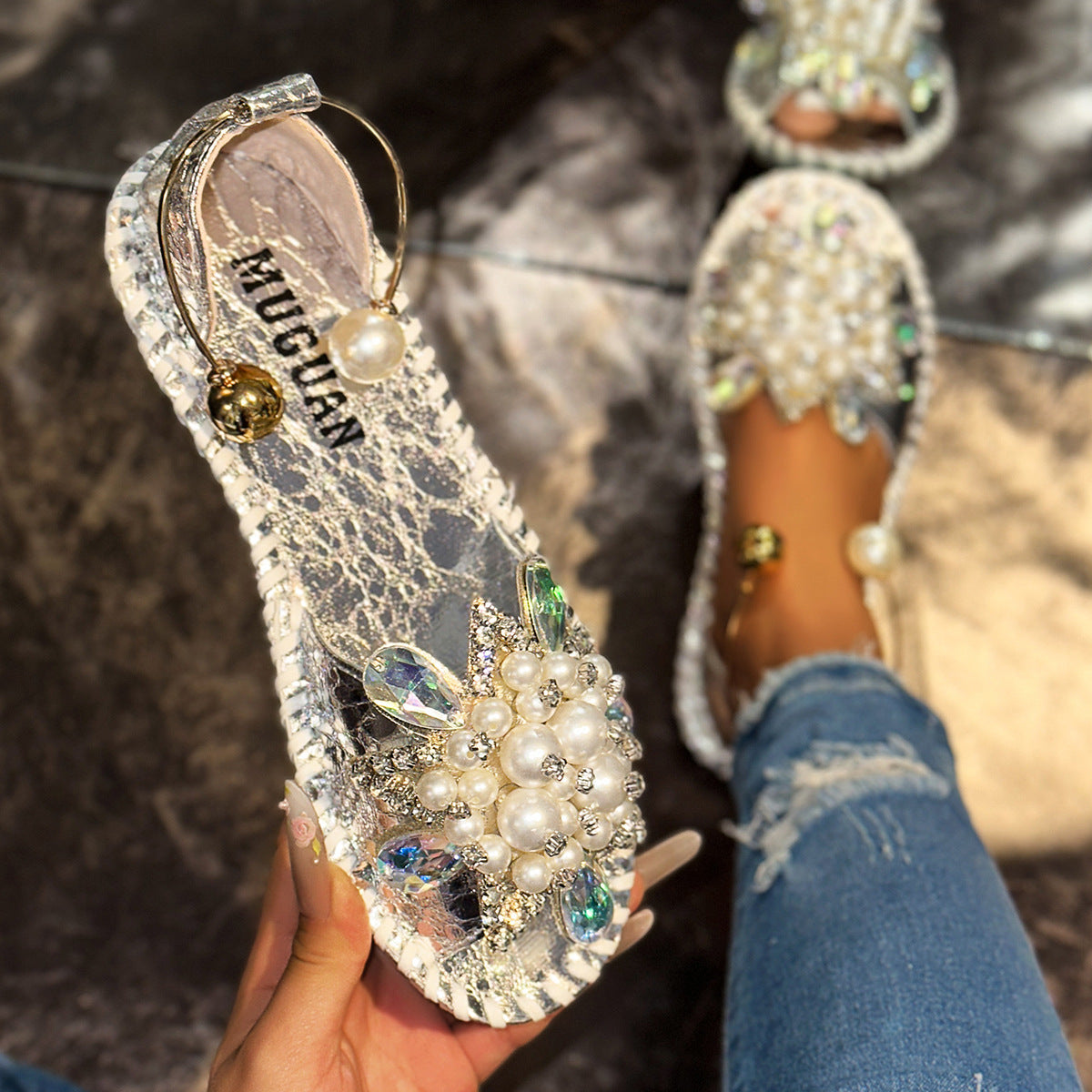 Women Sparkly Pearl Crystal Embellished Peep Toe Flat Sandals with Ankle Strap
