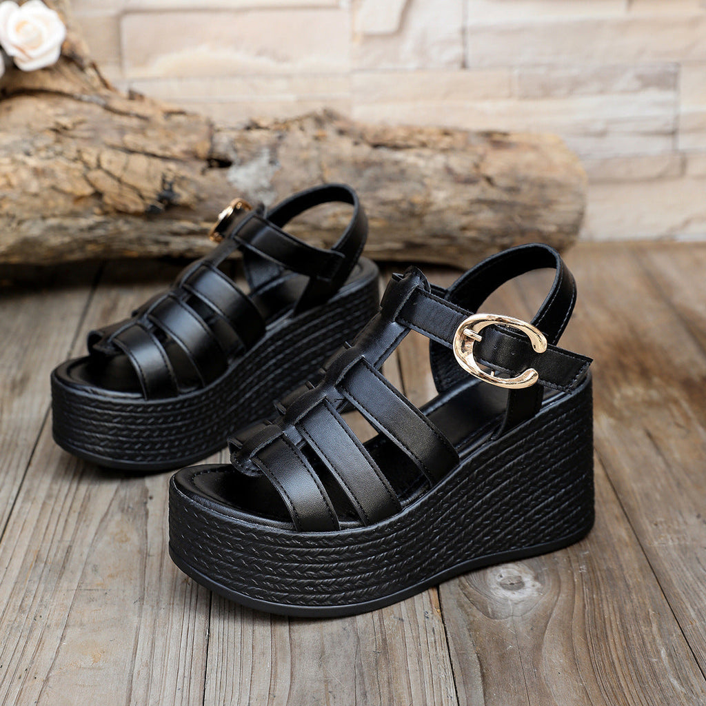 Women's Strappy Platform Wedge Sandals with Buckle – Chunky Peep Toe Summer Shoes