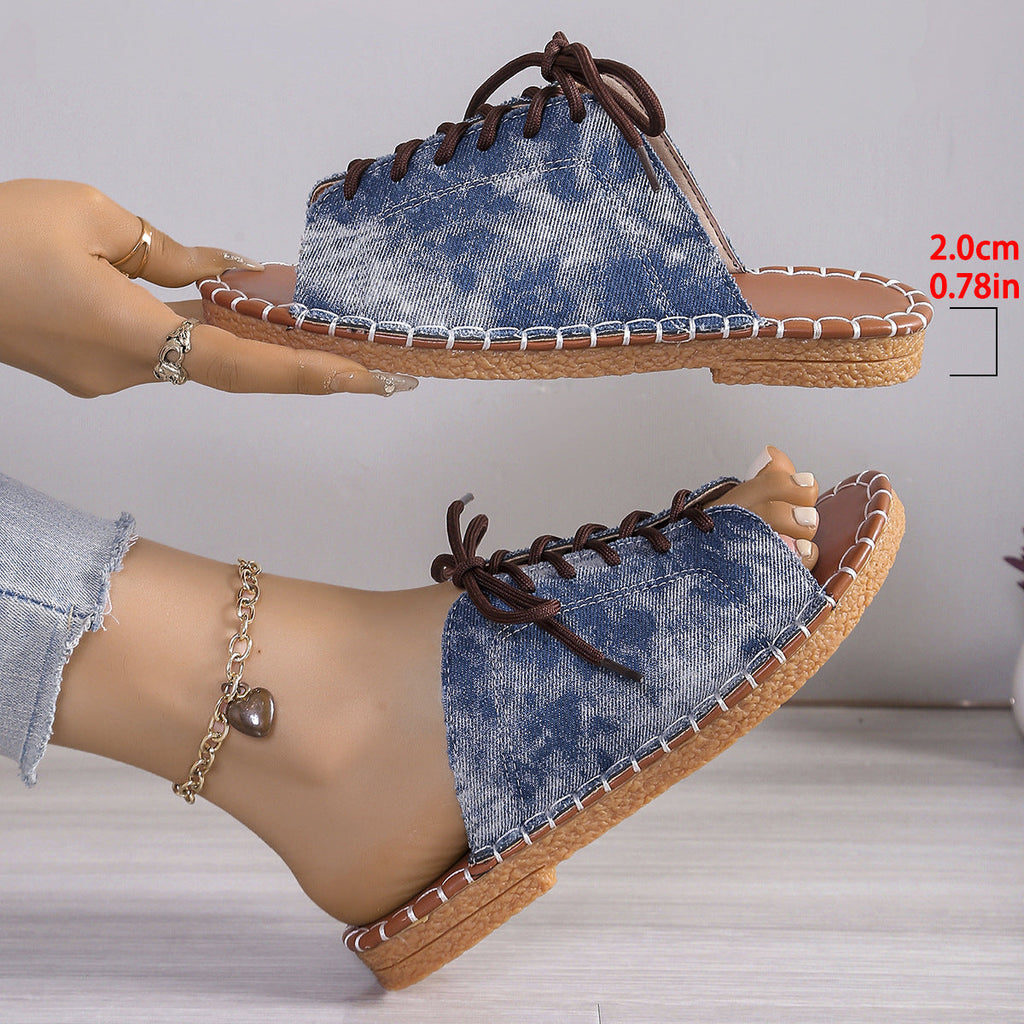 Women's Lace-Up Peep Toe Slide Sandals Casual Comfort Flat Sandals
