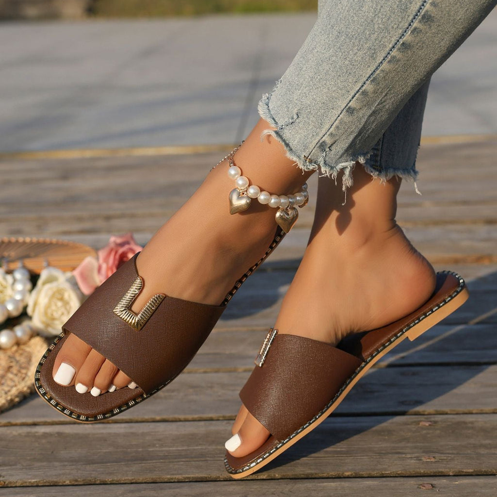 Women's Square Toe Slide Sandals with Gold U-Buckle Ornament – Studded Flat Slippers