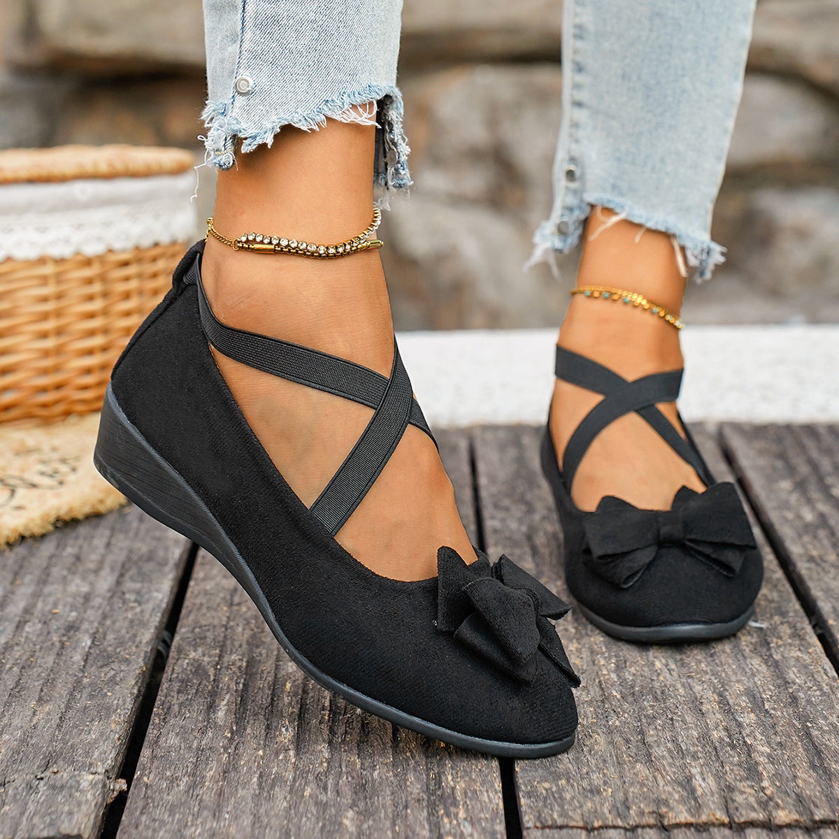 Women Bow Wedge Shoes Criss Cross Strap Suede Mary Jane Flats