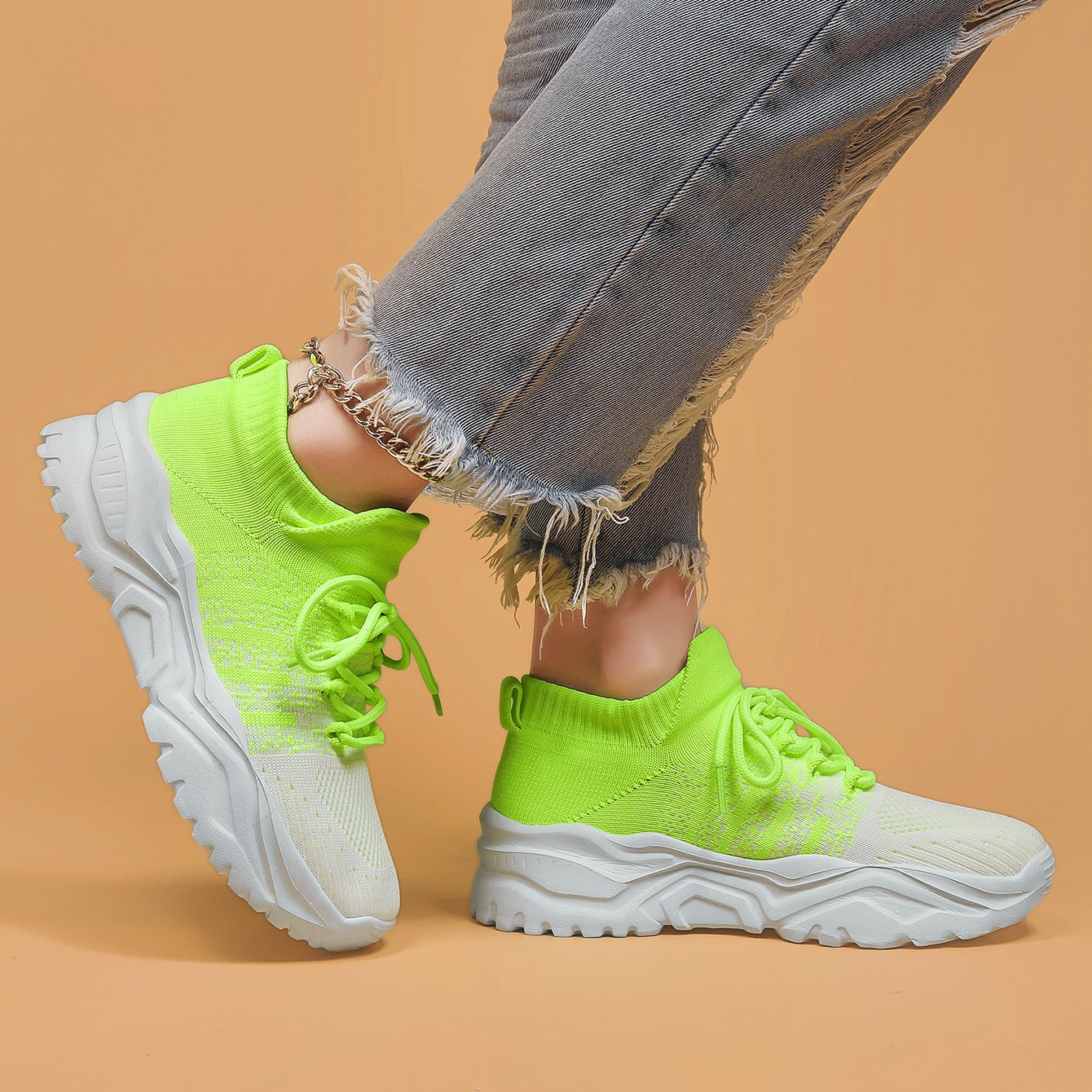 Women Knit Sneakers Chunky Platform Sock Shoes Lace Up Breathable Casual Trainers