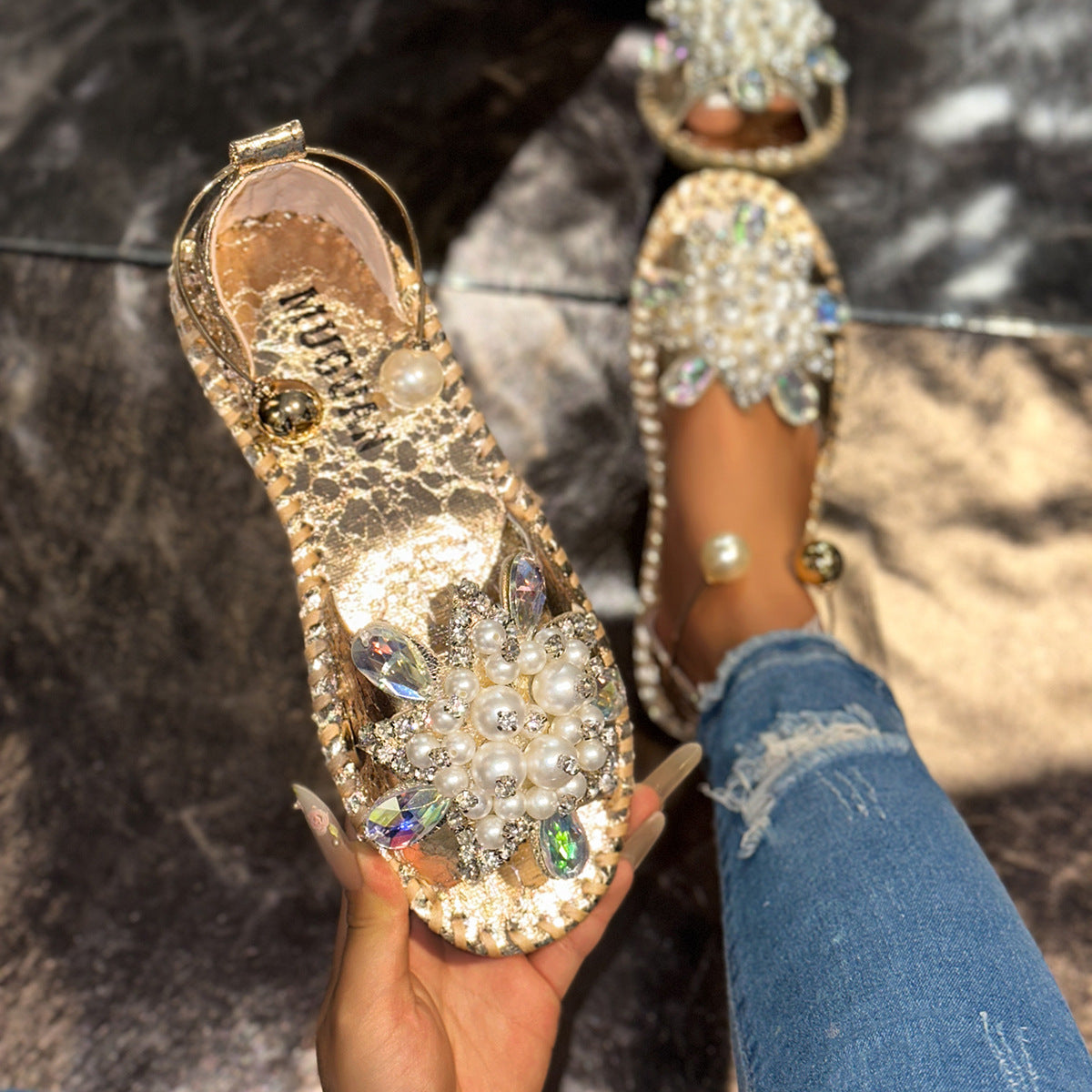 Women Sparkly Pearl Crystal Embellished Peep Toe Flat Sandals with Ankle Strap