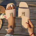 Women's Square Toe Slide Sandals with Gold U-Buckle Ornament – Studded Flat Slippers