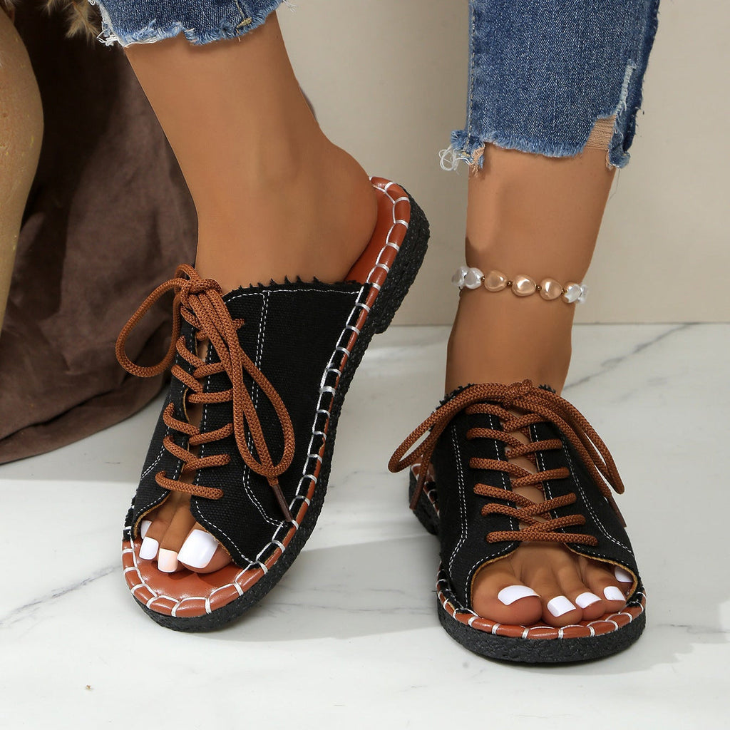Women's Lace-Up Peep Toe Slide Sandals Casual Comfort Flat Sandals