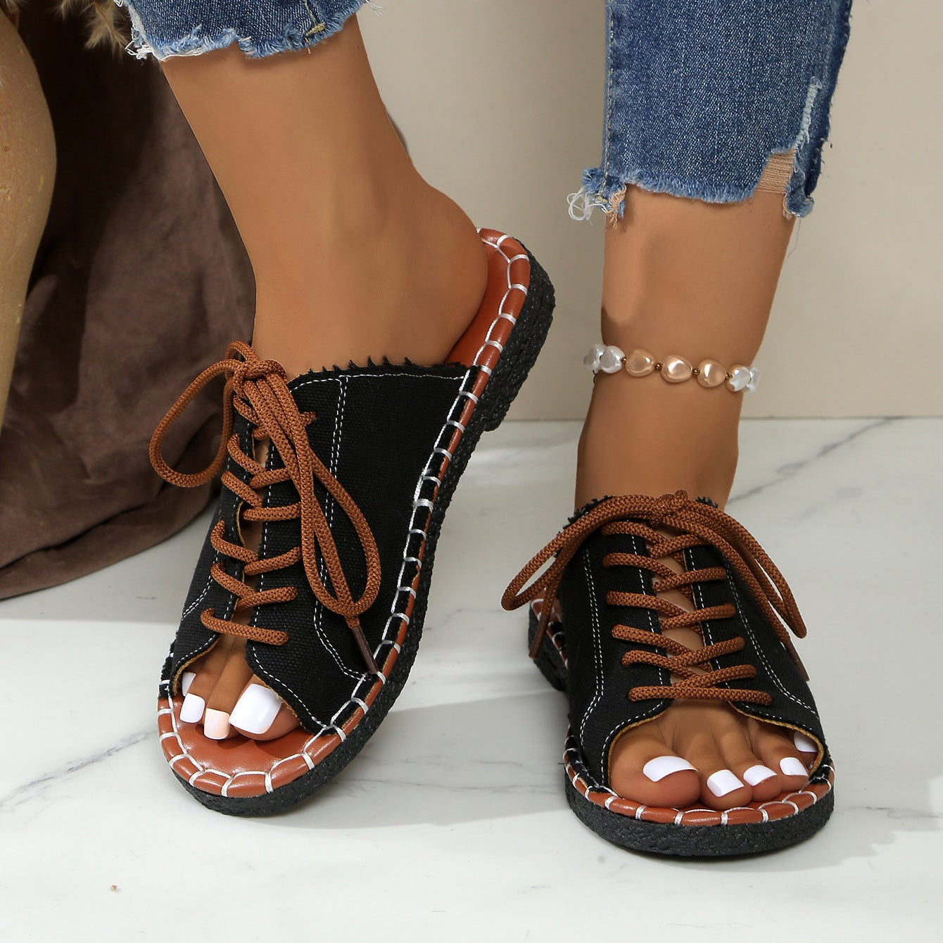 Women's Lace-Up Peep Toe Slide Sandals Casual Comfort Flat Sandals