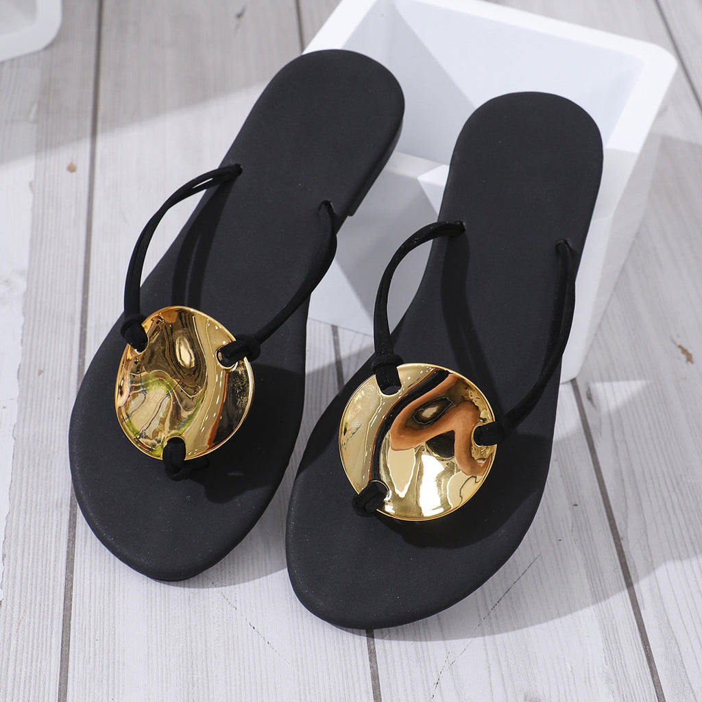 Women's Metallic Gold Disc Thong Flat Sandals – Comfortable Summer Flip Flops