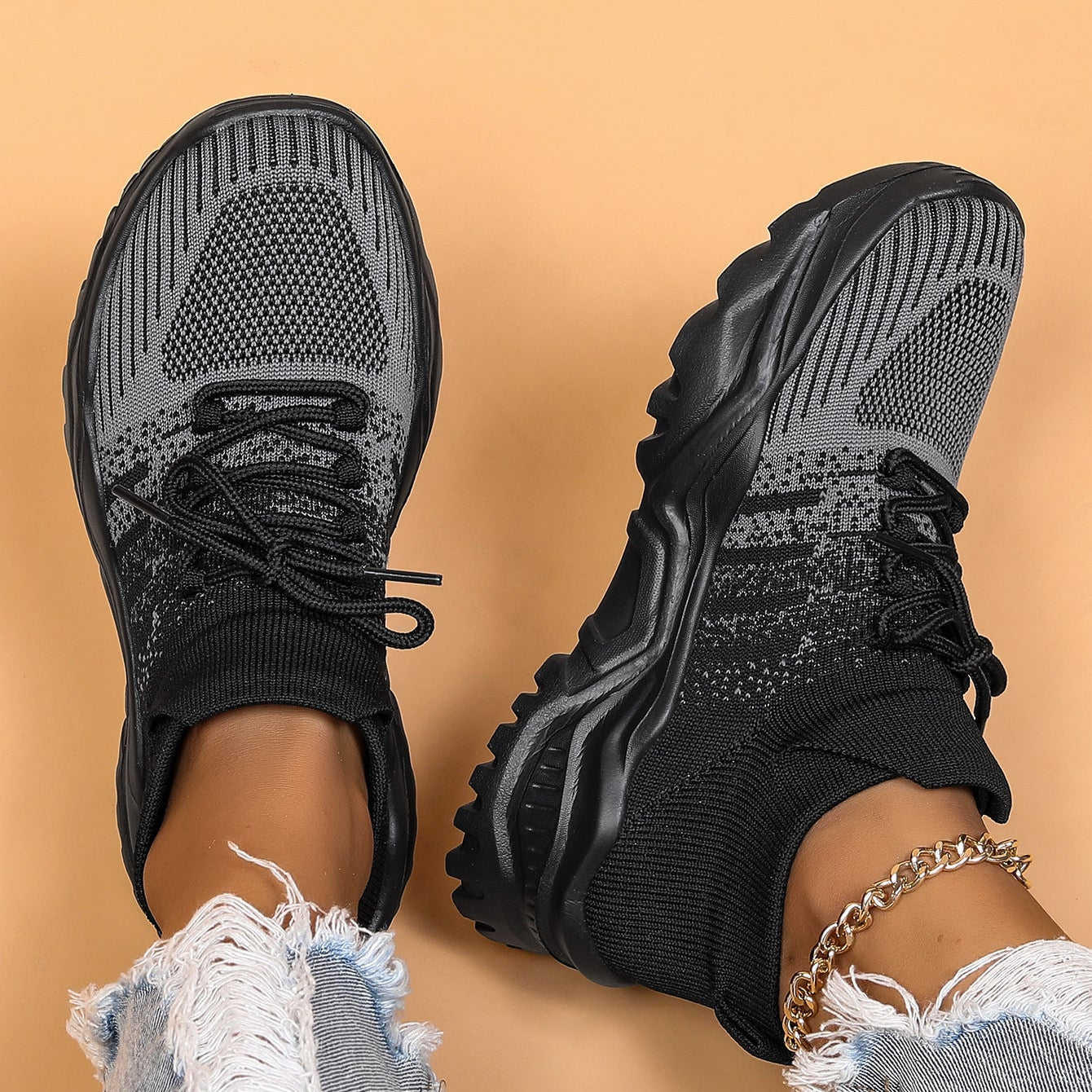 Women Knit Sneakers Chunky Platform Sock Shoes Lace Up Breathable Casual Trainers