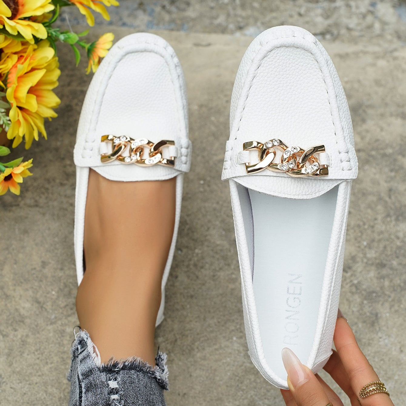 Women's Classic Chain Loafers with Gold Buckle Ornament – Comfortable Casual Slip-On Flats