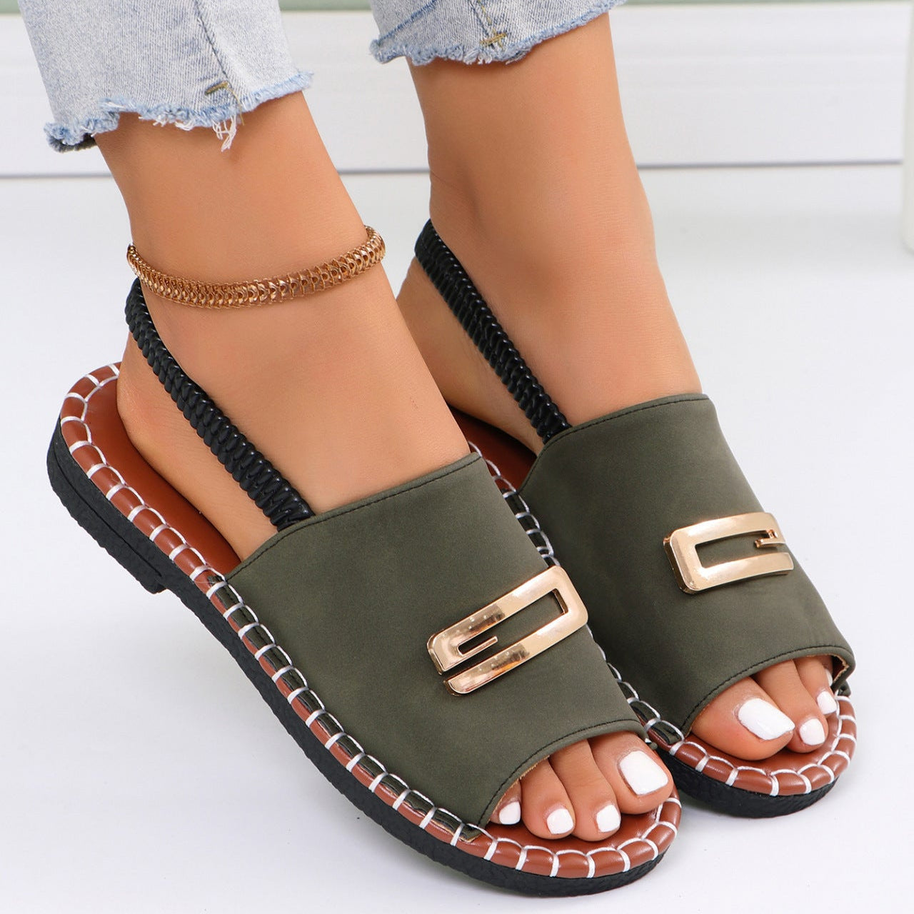 Women’s Platform Slide Sandals with Gold Buckle Peep Toe Comfort Summer Shoes