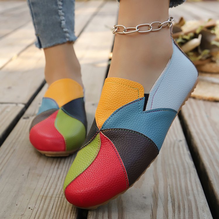 Women’s Colorful Patchwork Leather Slip-On Loafers with Chain Anklet