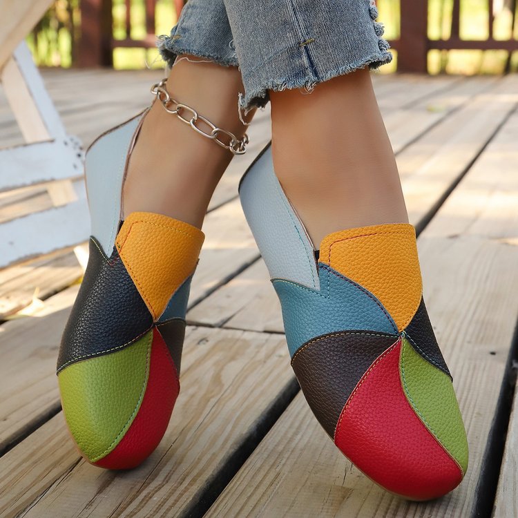Women’s Colorful Patchwork Leather Slip-On Loafers with Chain Anklet