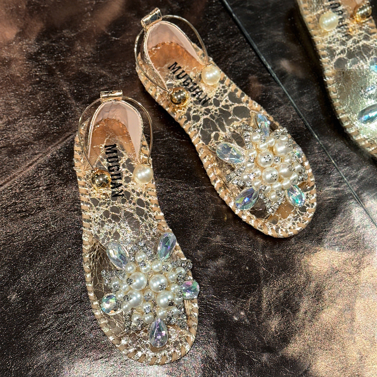 Women Sparkly Pearl Crystal Embellished Peep Toe Flat Sandals with Ankle Strap