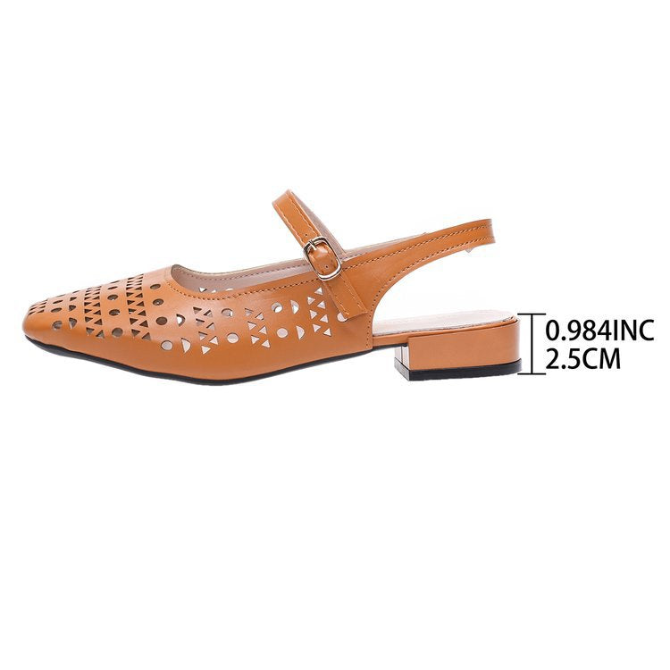 Women's Perforated Slingback Flats – Square Toe Low Heel Mary Jane Shoes