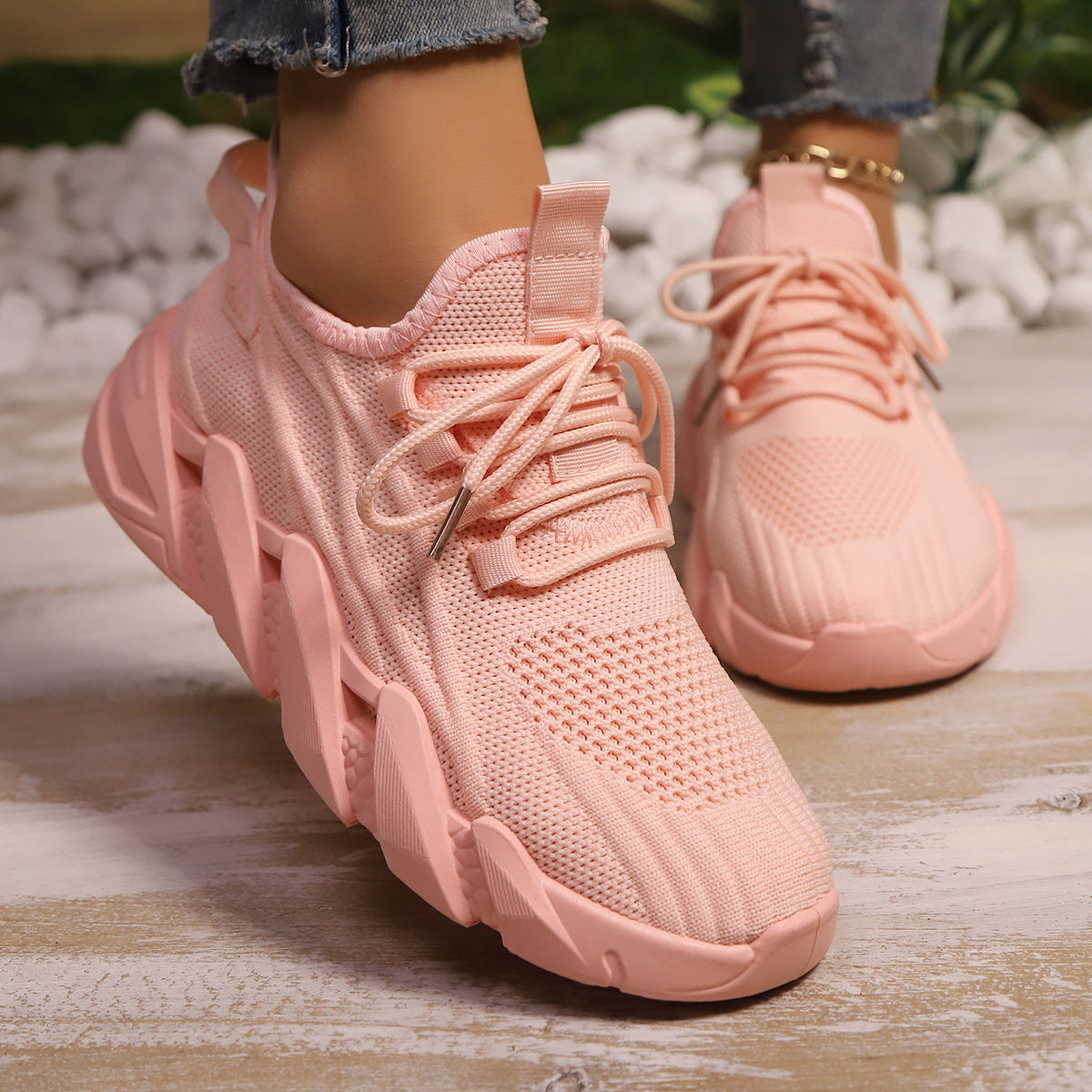 Women's Chunky Platform Mesh Sneakers - Lightweight Breathable Lace-Up Casual Shoes