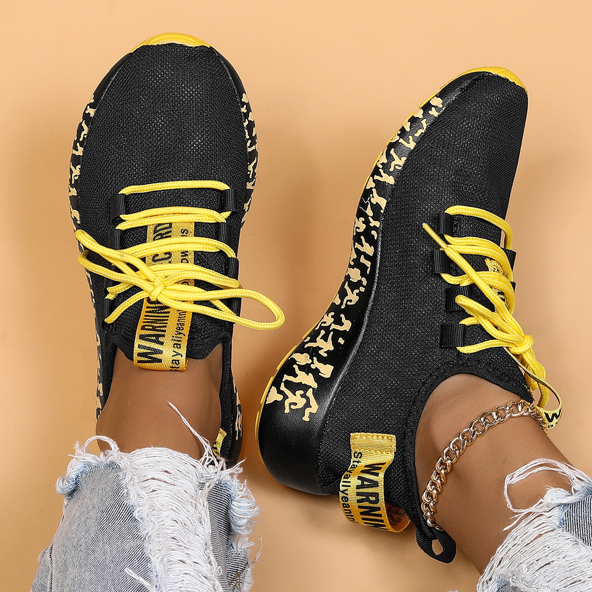 Couple Matching Breathable Mesh Sneakers - Warning Camo Pattern Sport Casual Shoes