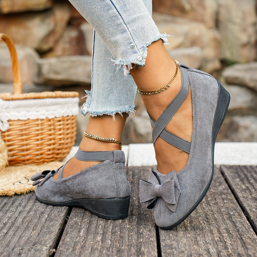 Women Bow Wedge Shoes Criss Cross Strap Suede Mary Jane Flats