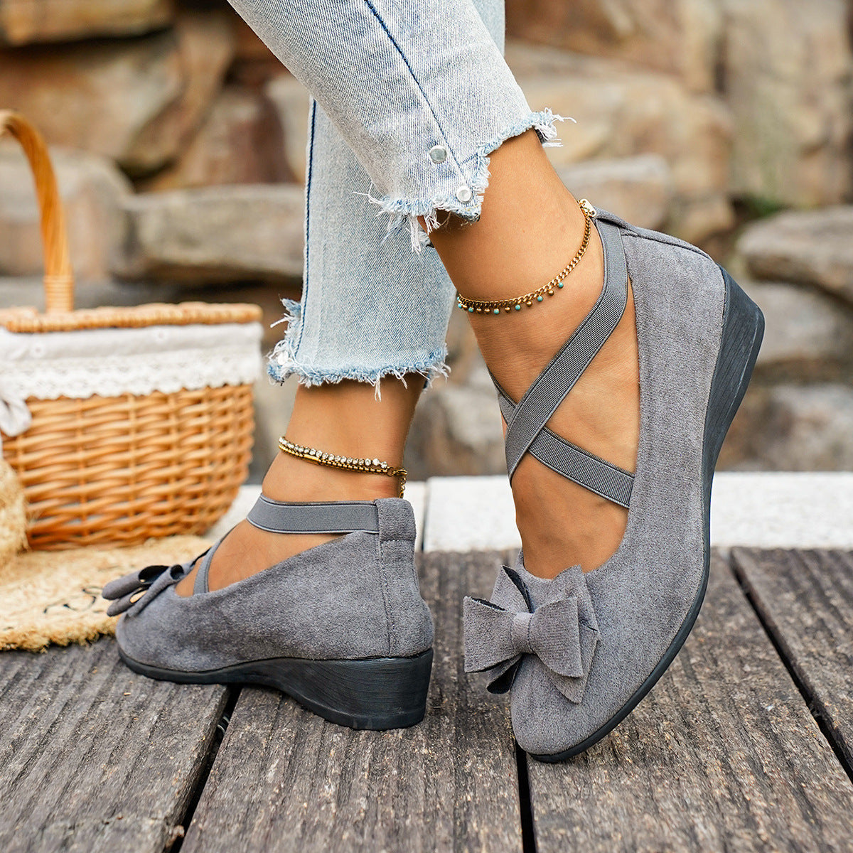 Women Bow Wedge Shoes Criss Cross Strap Suede Mary Jane Flats