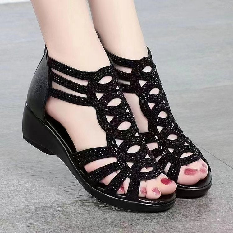 Women Peep Toe Cutout Wedge Sandals Rhinestone Hollow Out Gladiator Style Shoes