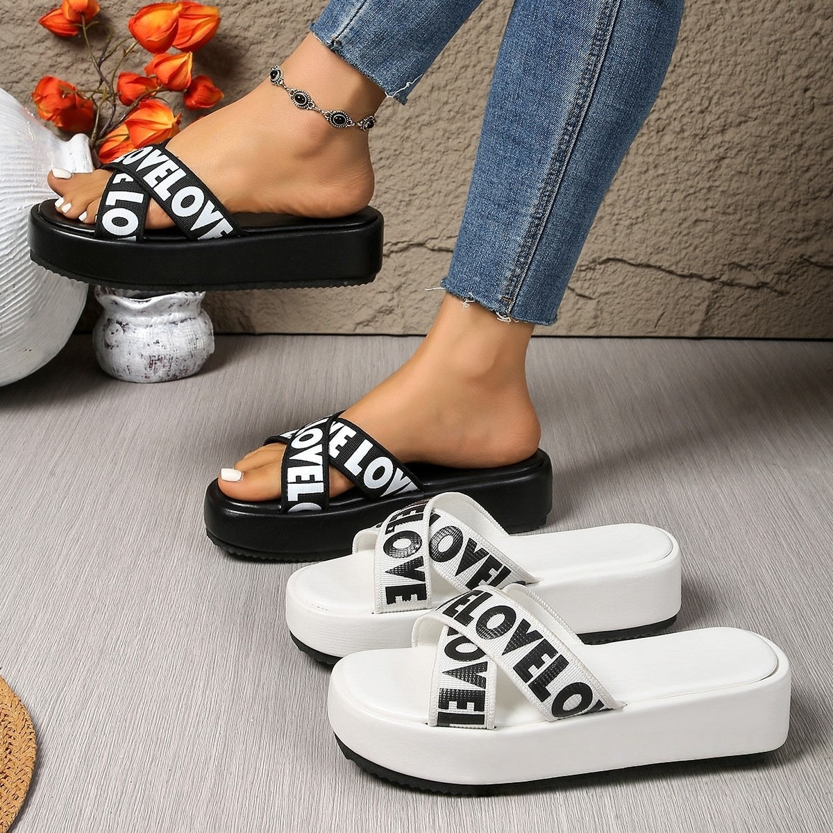 Women's LOVE Cross-Strap Platform Slide Sandals – Lightweight Casual Comfort Slippers