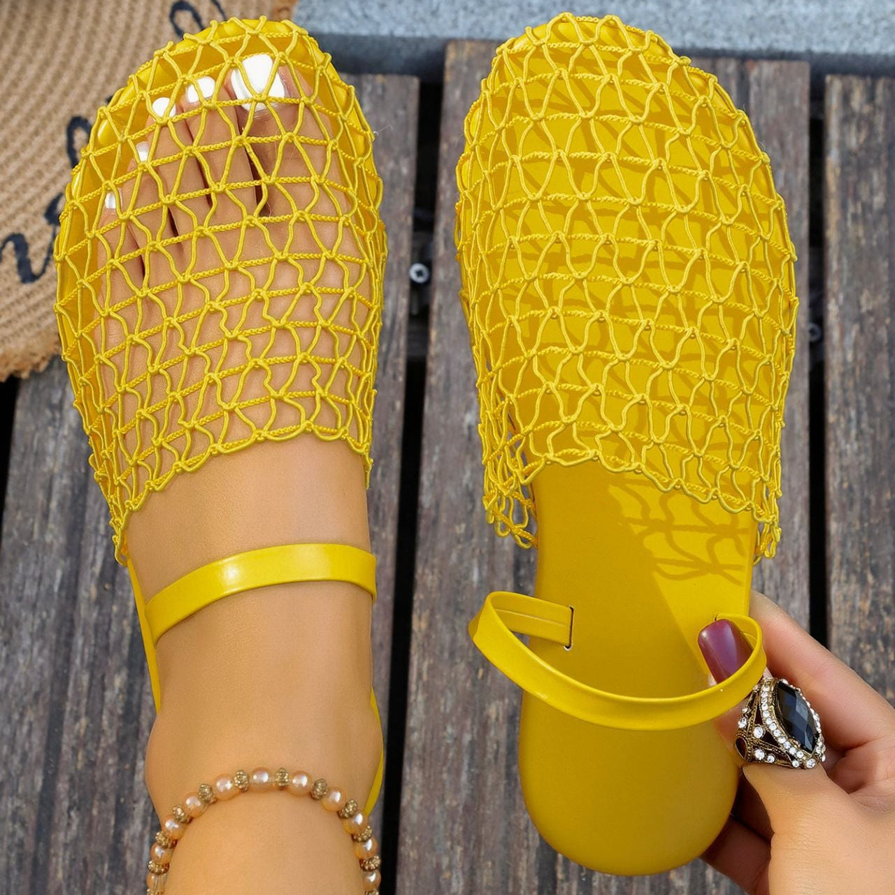 Women's Breathable Mesh Slingback Flat Sandals – Hollow Out Woven Comfort Slip-On Shoes