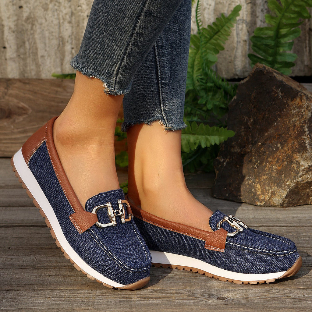 Women's Casual Loafers with Gold Buckle – Comfortable Platform Slip-On Shoes