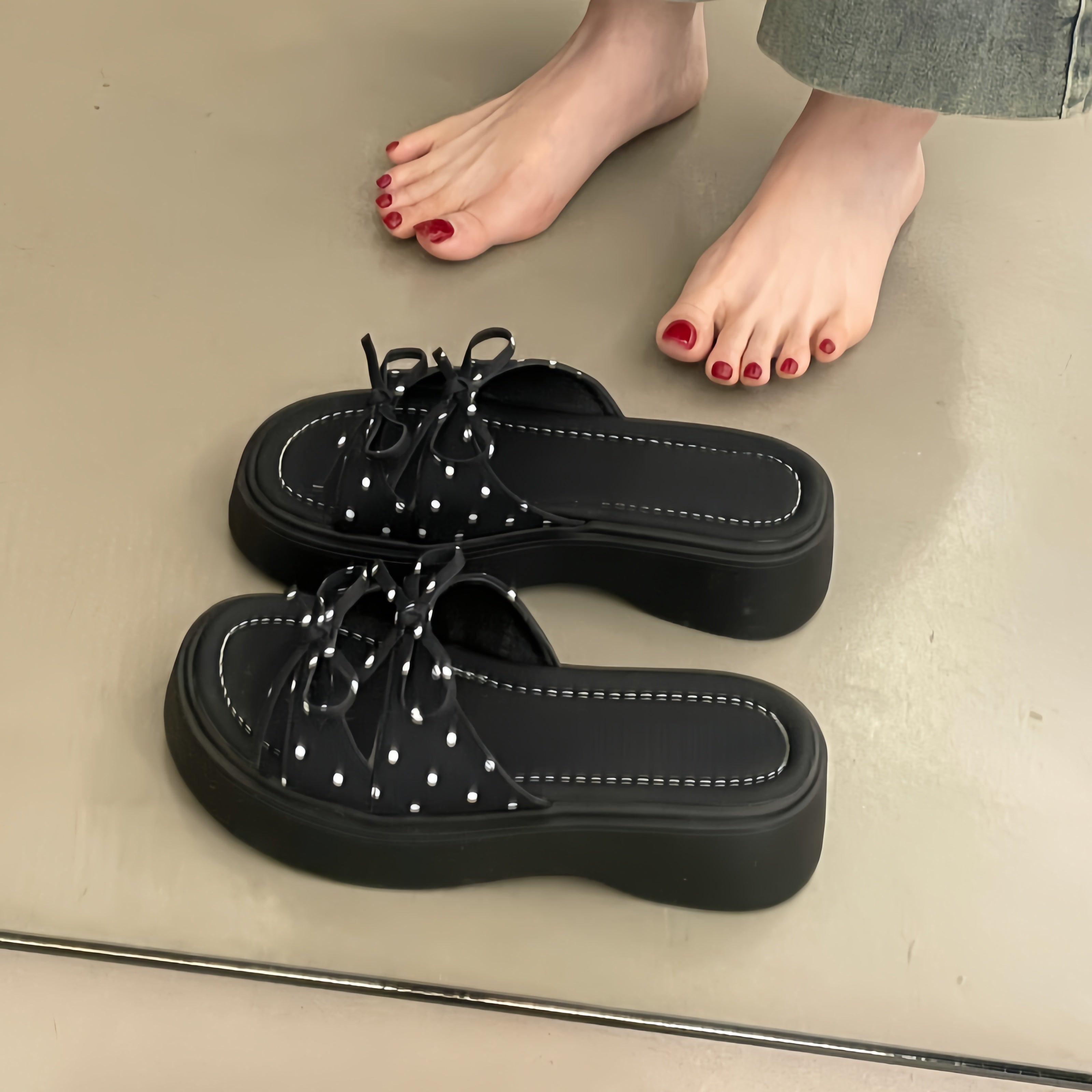 Polka Dot Bow Platform Slide Sandals Women - Chunky Thick Sole Summer Slippers