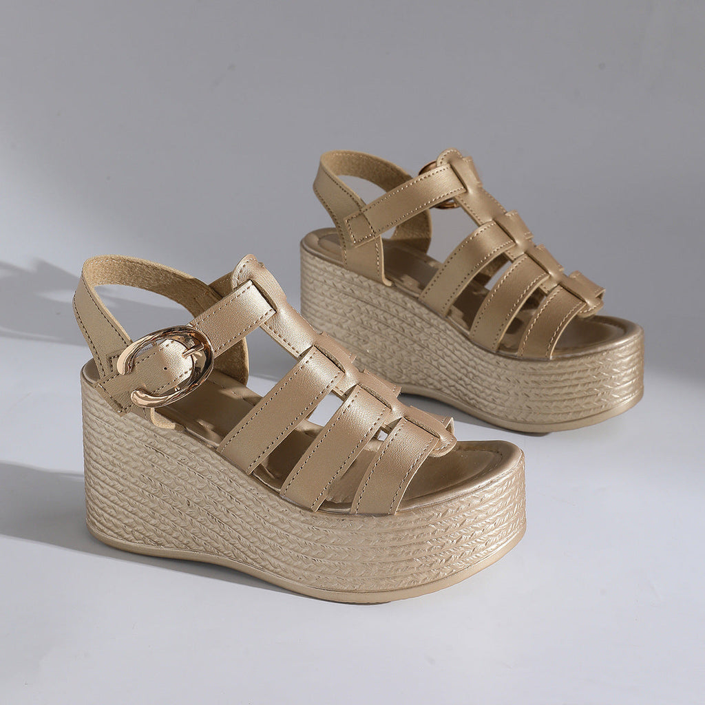 Women's Strappy Platform Wedge Sandals with Buckle – Chunky Peep Toe Summer Shoes