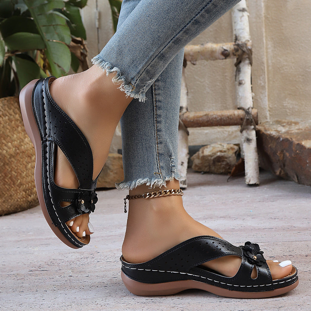 Women’s Platform Slide Sandals with Flower Embellishment – Perforated Breathable Comfort Wedges
