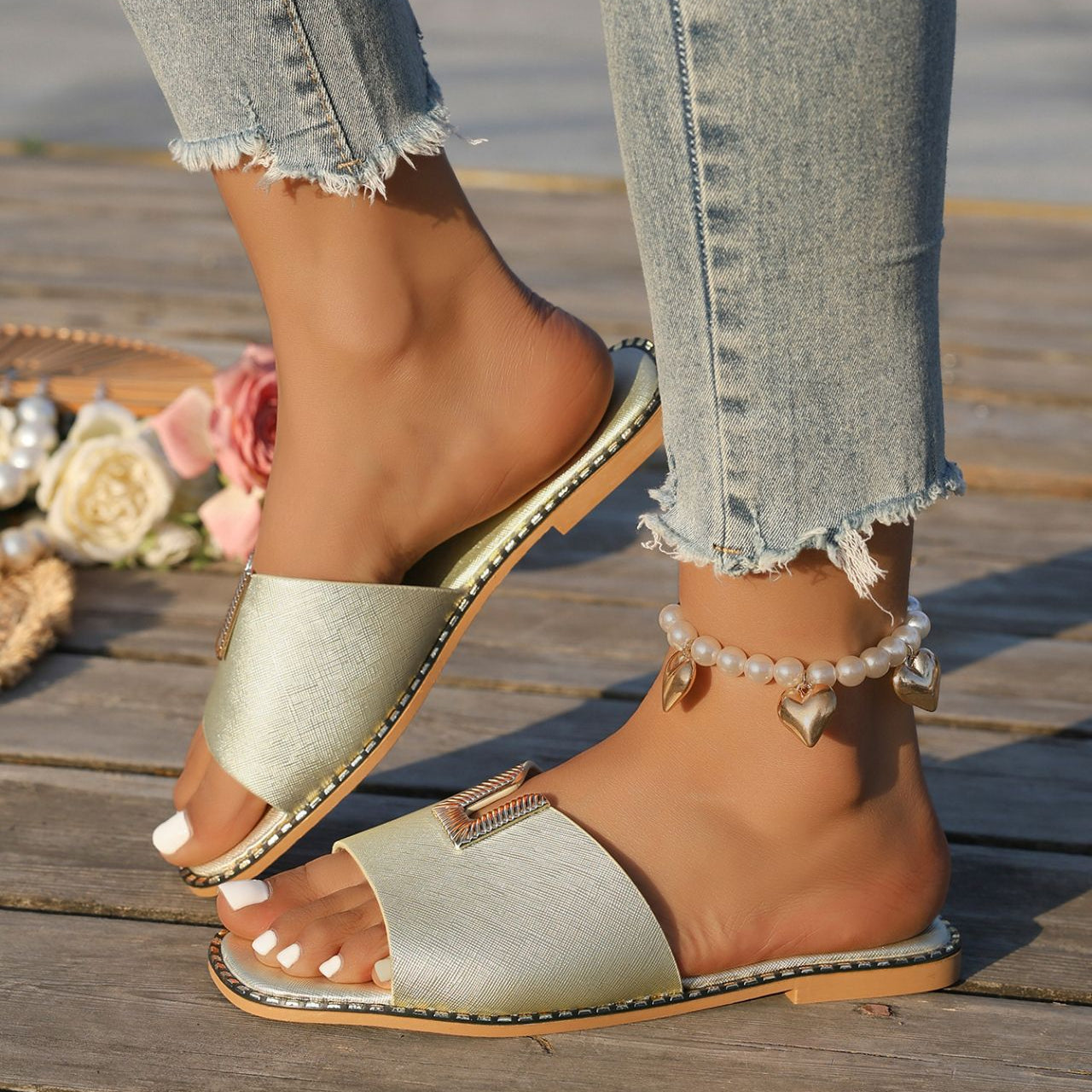 Women's Square Toe Slide Sandals with Gold U-Buckle Ornament – Studded Flat Slippers