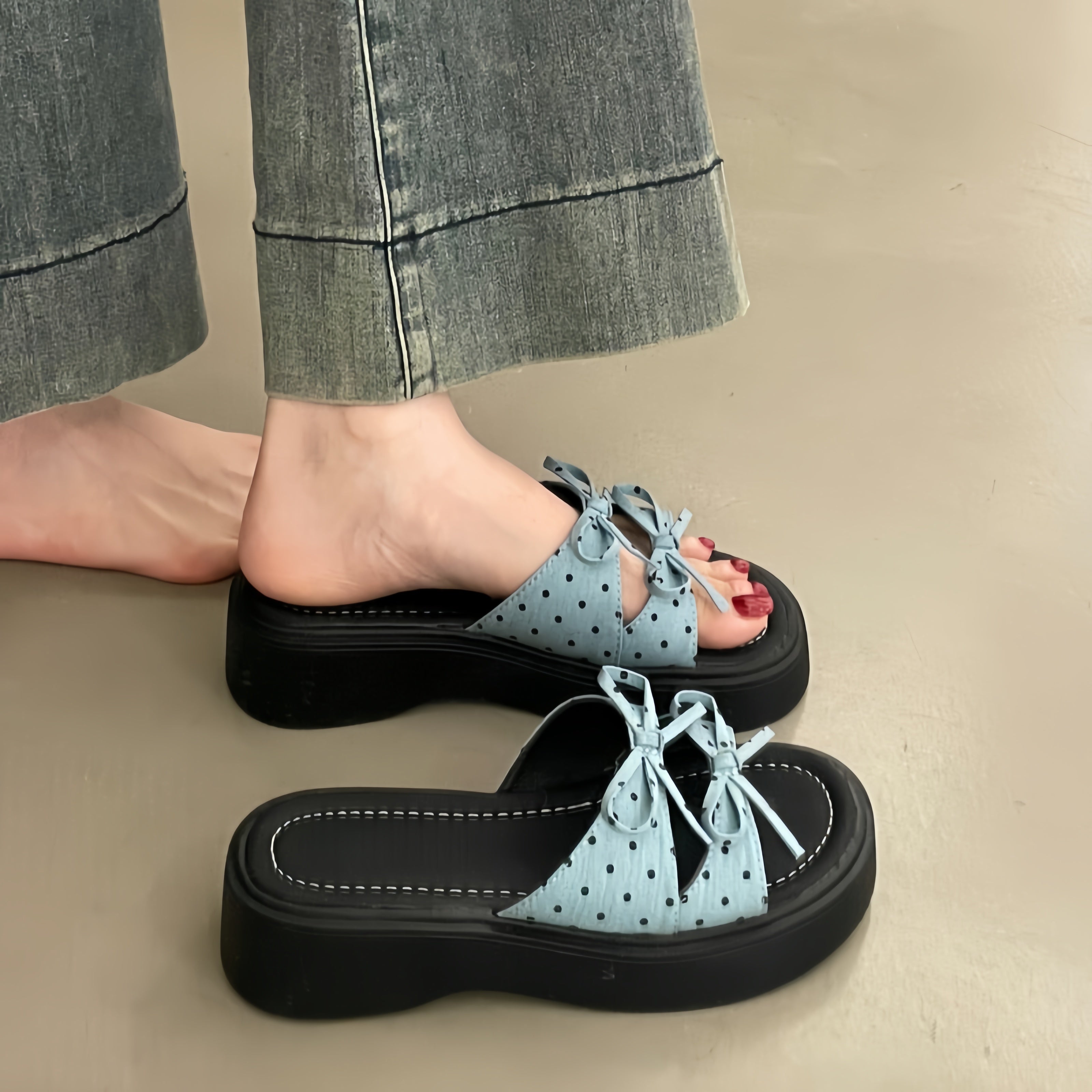 Polka Dot Bow Platform Slide Sandals Women - Chunky Thick Sole Summer Slippers