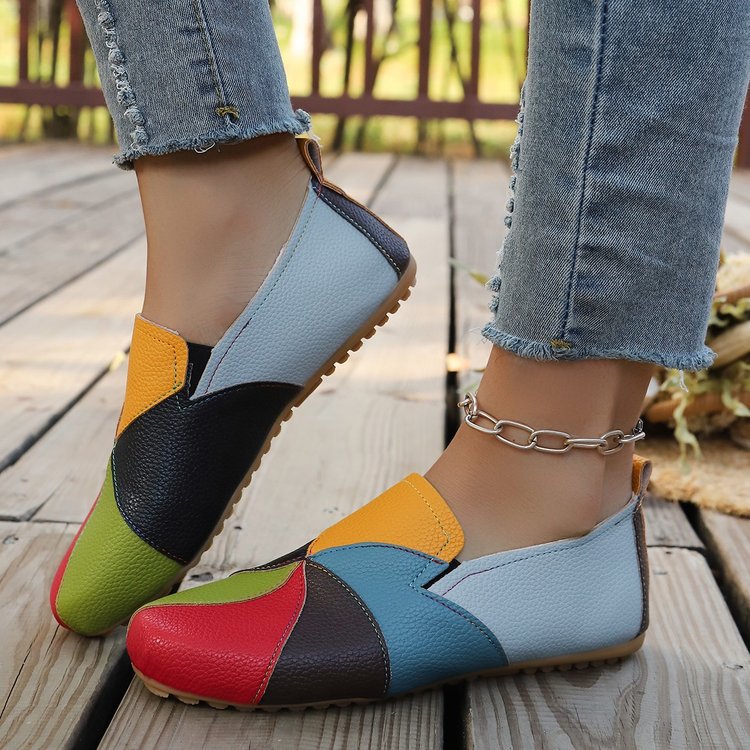 Women’s Colorful Patchwork Leather Slip-On Loafers with Chain Anklet