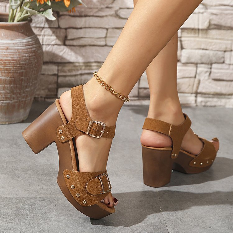 Chunky Platform Block Heel Sandals with Buckle Straps – Suede Peep Toe Mules