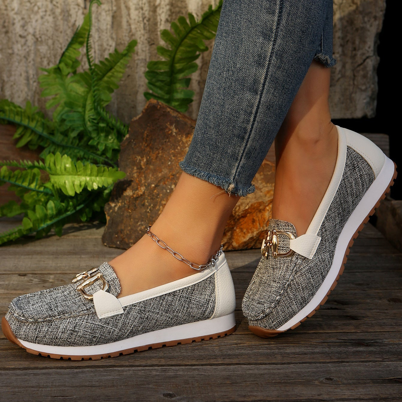 Women's Casual Loafers with Gold Buckle – Comfortable Platform Slip-On Shoes