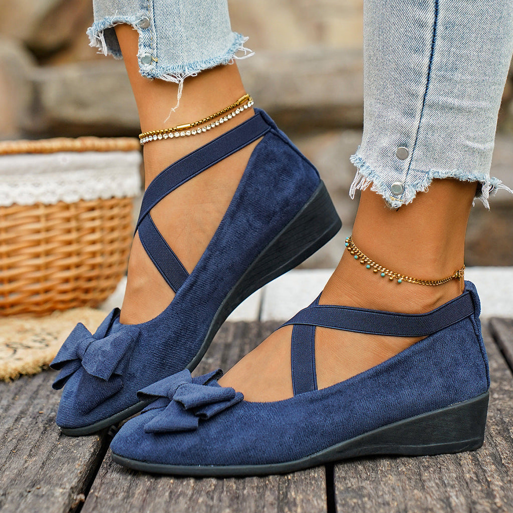 Women Bow Wedge Shoes Criss Cross Strap Suede Mary Jane Flats