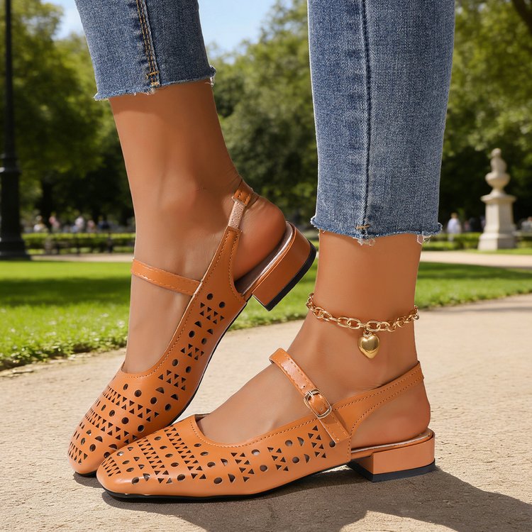 Women's Perforated Slingback Flats – Square Toe Low Heel Mary Jane Shoes